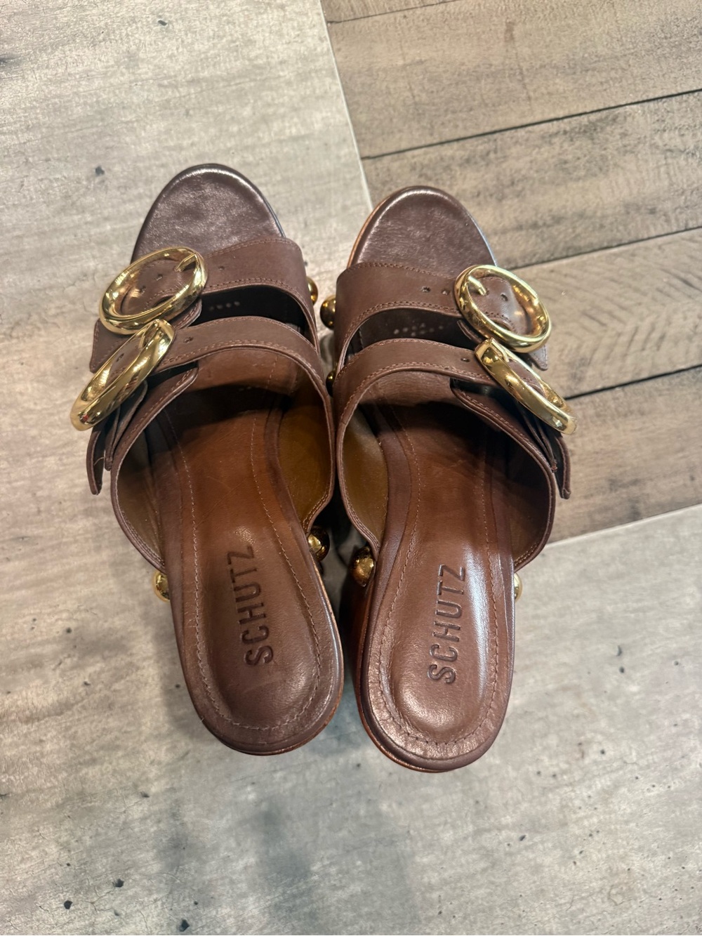 SCHUTZ Juno Brown Leather Platform Slide Sandals with Gold Accents - Picture 5 of 12